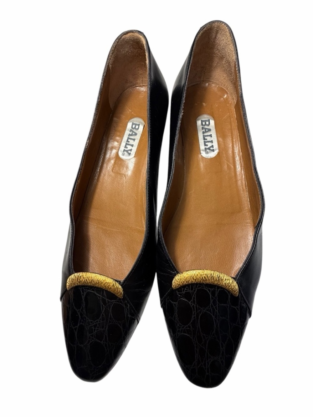 Bally Black Croc Embossed Leather Flats with Gold Accent Sz 7
